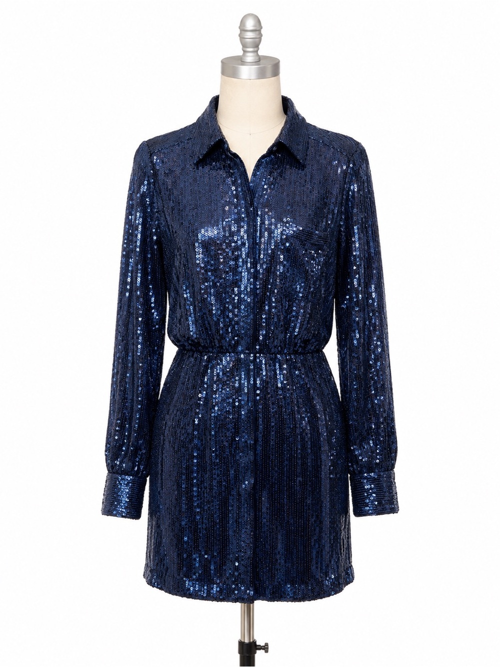 Free People Navy Sequin Button-Front Shirt Dress